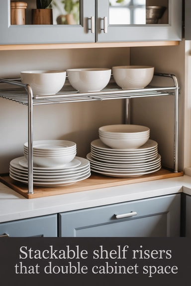 Stackable Shelf Risers That Double Cabinet Space