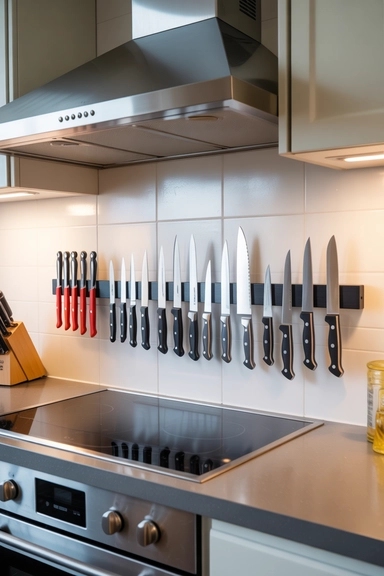 21 Smart Kitchen Counter Organization Ideas for Clear Surfaces 9 Magnetic Strips for Knives and Metal Tools