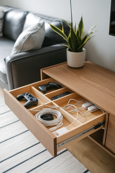 Utilize Vertical Storage with Floating Shelves Above the TV