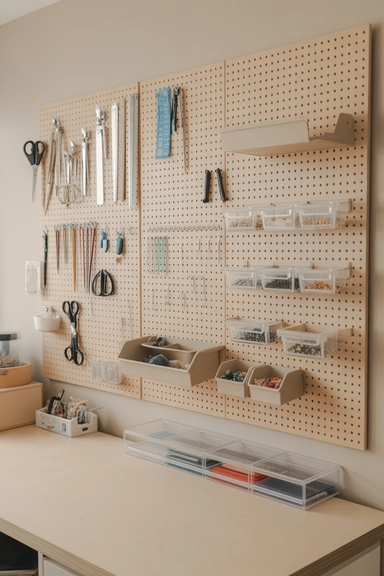 Pegboard Walls Built with Dollar Store Hooks and Bins