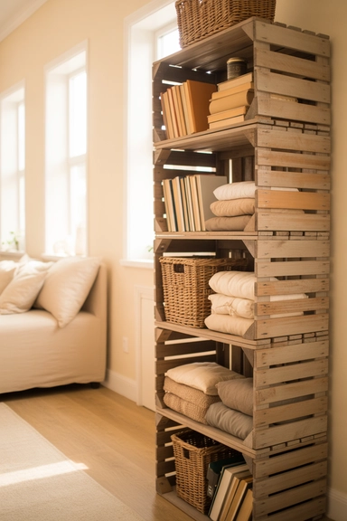 Wooden Crates Turned Into Stackable Storage Shelves