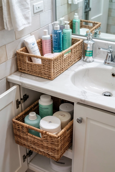22 Smart Ways to Organize With Cheap Baskets That Instantly Reduce Clutter 11 BATHROOM COUNTER AND CABINET BASKETS