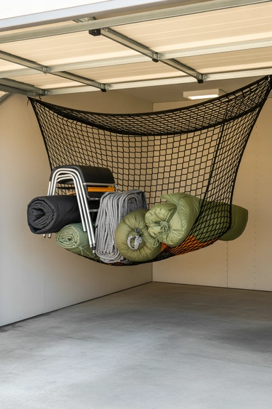 22 Genius Garage Ceiling Storage Ideas to Maximize Overhead Space 11 Retractable Ceiling Net Storage