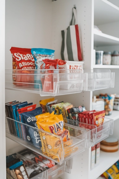 20 Walk-In Pantry Organization Ideas For Real Homes 11 Use Clear Bins with Dividers for Snack and Lunchbox Organization