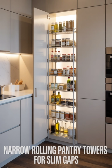 21 Smart Space Saving Kitchen Hacks That Reduce Daily Clutter 11 Narrow Rolling Pantry Towers for Slim Gaps