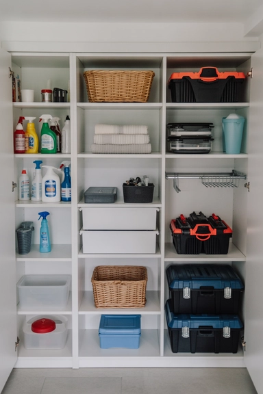 21 Utility Closet Organization Ideas That Eliminate Household Clutter 11 Separate Zones for Cleaning, Repairs, and Linens