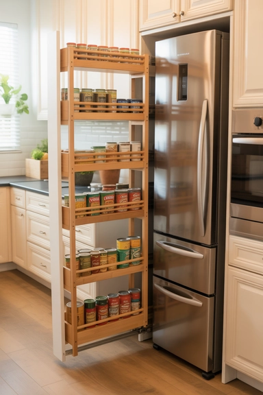 25 Small Kitchen Storage Solutions That Make Every Inch Work Better 11 Slim Rolling Pantries for Narrow Gaps