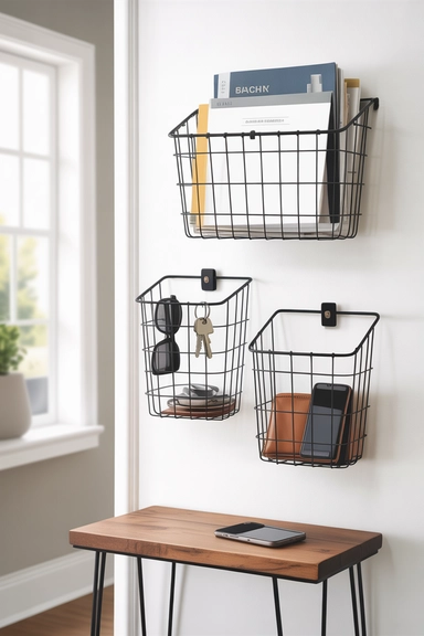  Wire Baskets Repurposed as Wall-Mounted Drop Zones