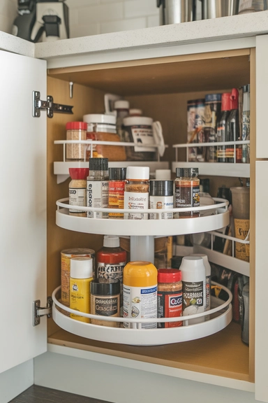 23 Rental Kitchen Organization Ideas For Real Homes 12 Add a Lazy Susan Turntable for Corner Cabinet Efficiency