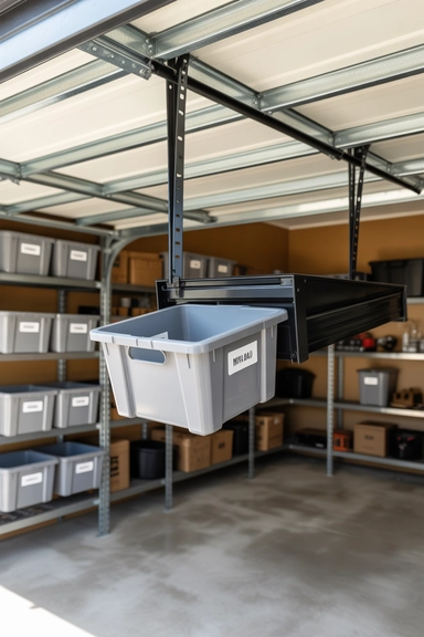 22 Genius Garage Ceiling Storage Ideas to Maximize Overhead Space 12 Ceiling-Suspended Plastic Bin Tracks