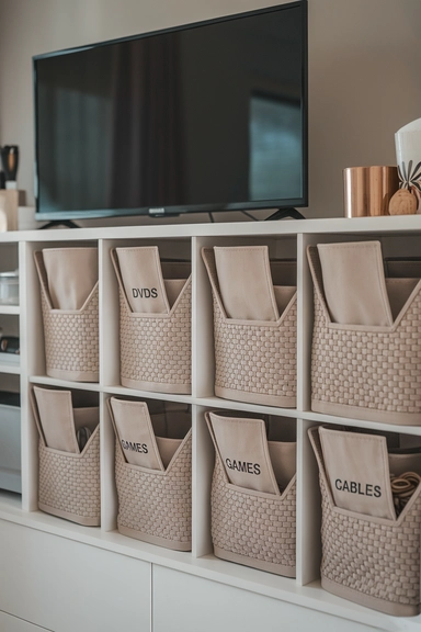 Incorporate Cube Storage Bins for Versatile Media Cabinet Decluttering