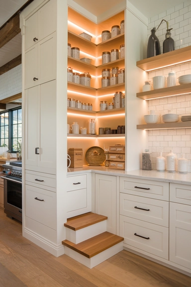 20 Walk-In Pantry Organization Ideas For Real Homes 12 Install a Built-In Step Stool for Reaching High Shelves