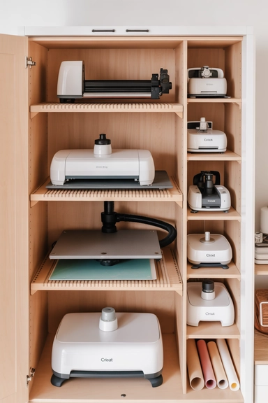 19 Cricut Organization Ideas That Keep Supplies Accessible 12 Cabinet Storage for Heat Press and Larger Tools