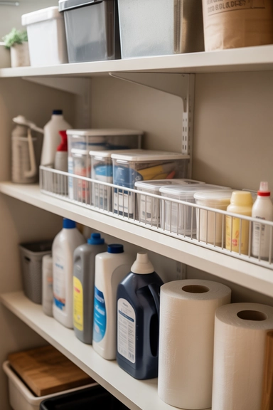 21 Utility Closet Organization Ideas That Eliminate Household Clutter 12 Using Shelf Risers to Double Vertical Capacity