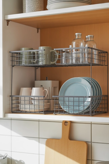 23 Cheap Kitchen Organizing Hacks That Make Small Kitchens Work Better 12 Using Stackable Baskets to Create Extra Shelf Layers