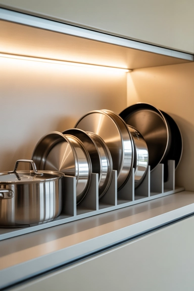 20 Lid Storage Hacks That Stop Cabinet Chaos 13 Standing Lid Storage Behind Pots and Pans