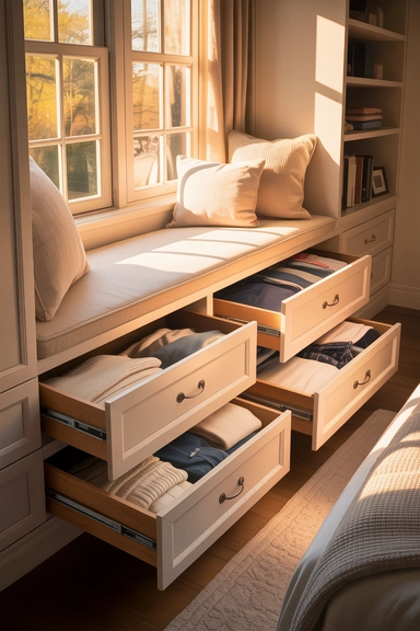 23 Small Bedroom Organizing Hacks That Maximize Every Inch 13 . Under-Window Drawer Units That Utilize Dead Zones
