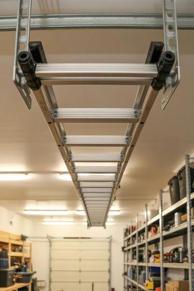 22 Genius Garage Ceiling Storage Ideas to Maximize Overhead Space 14 Ceiling-Mounted Ladder Storage Systems