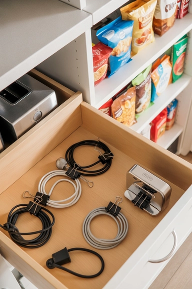 23 Cheap Kitchen Organizing Hacks That Make Small Kitchens Work Better 14 Binder Clips for Cable and Bag Control