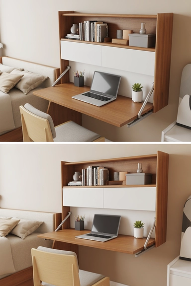 Fold-Down Desks with Integrated Shelving