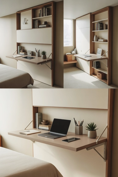 23 Small Bedroom Organizing Hacks That Maximize Every Inch 14 Fold-Down Desks with Integrated Shelving