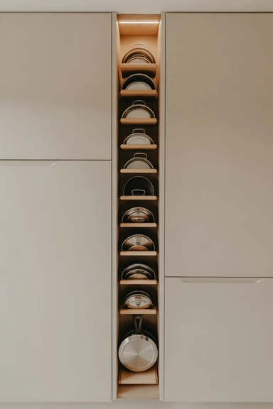 20 Lid Storage Hacks That Stop Cabinet Chaos 14 Narrow Cabinet Sections Dedicated to Lids