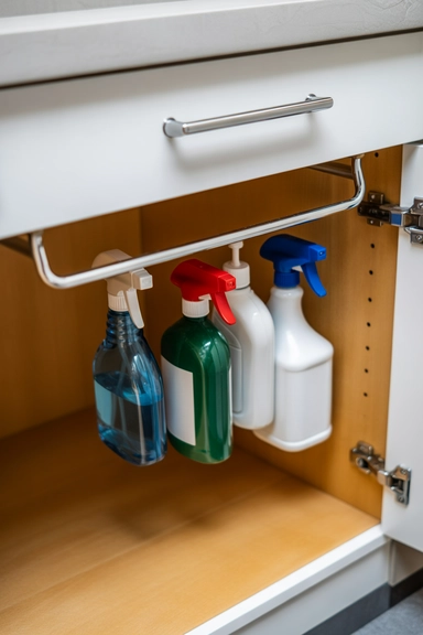 Towel Bars Inside Cabinets for Spray Bottles