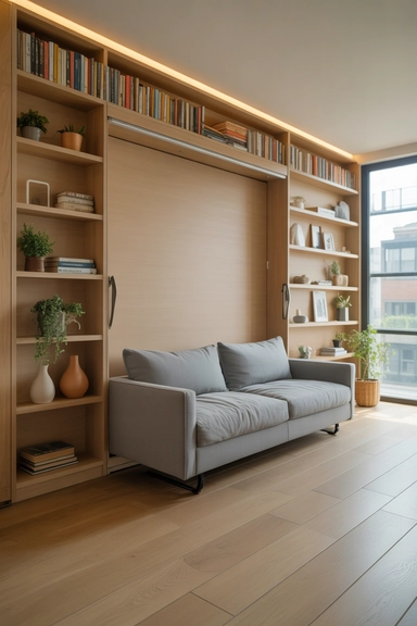 Wall-Fold Murphy Beds with Integrated Shelving