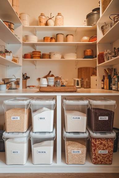 20 Walk-In Pantry Organization Ideas For Real Homes 15 Dedicate a Zone for Bulk Dry Goods with Airtight Buckets