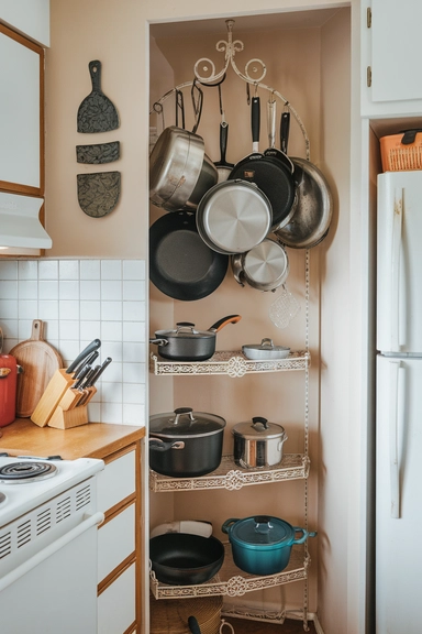 23 Rental Kitchen Organization Ideas For Real Homes 14 Install a Freestanding Pot Rack for Easy Access and Display