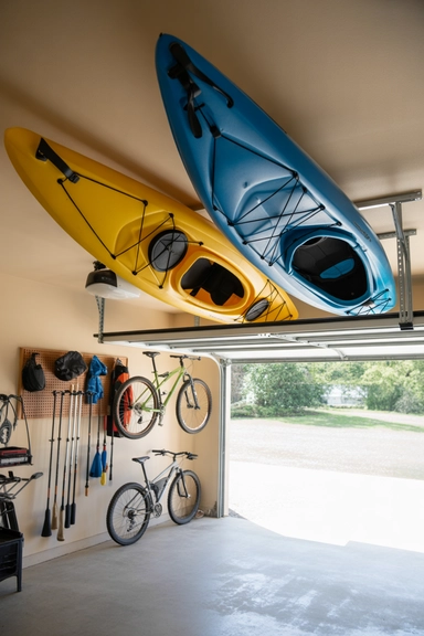 22 Genius Garage Ceiling Storage Ideas to Maximize Overhead Space 15 Overhead Kayak and Sports Equipment Racks