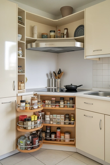 Utilize Corner Pantry Space with Rotating Pull-Out Shelves