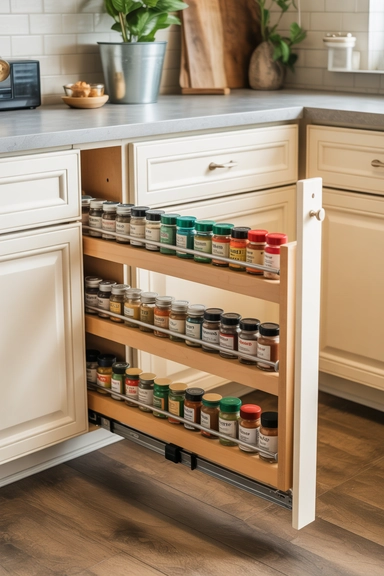 25 Kitchen Cabinet Storage Ideas That Maximize Every Shelf 15 Narrow Slide-Out Spice Racks Inside Cabinets