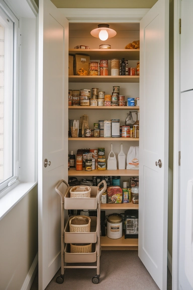 20 Walk-In Pantry Organization Ideas For Real Homes 16 Add a Rolling Cart for Flexible Pantry Extension
