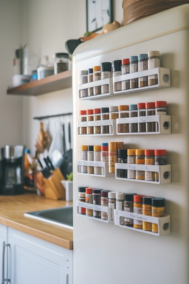 23 Rental Kitchen Organization Ideas For Real Homes 15 Implement Magnetic Spice Jars on the Refrigerator Door