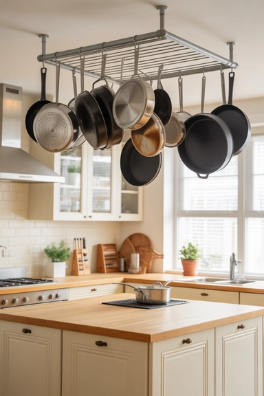 25 Small Kitchen Storage Solutions That Make Every Inch Work Better 16 Ceiling-Mounted Storage for Cookware