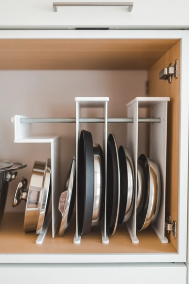 20 Lid Storage Hacks That Stop Cabinet Chaos 16 Using Tension Rods to Create Lid Slots