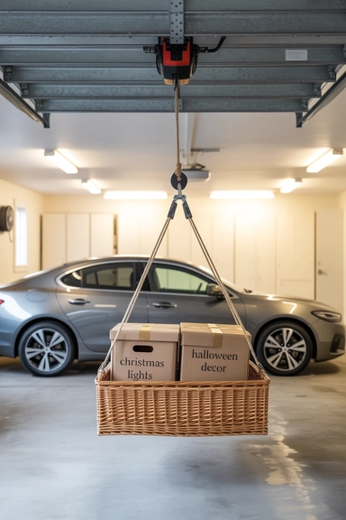 22 Genius Garage Ceiling Storage Ideas to Maximize Overhead Space 17 Pulley Basket Systems for High Reach Storage