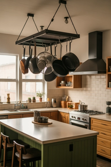 23 Outside-of-the-Box Organizing Hacks That Transform Your Home 17 Ceiling-Mounted Pot Racks with Pulley Systems