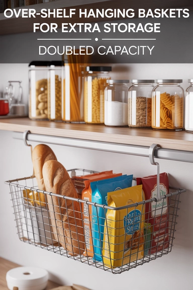 22 Dollar Store Pantry Organizing Ideas That Reduce Daily Clutter 17 Over-Shelf Hanging Baskets for Extra Storage