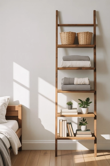 23 Small Bedroom Organizing Hacks That Maximize Every Inch 17 Ladder Shelving That Adds Storage Without Wall Bulk