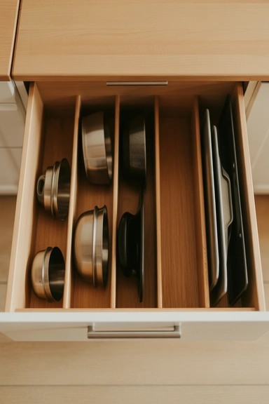 20 Lid Storage Hacks That Stop Cabinet Chaos 17 Using Deep Drawers with Vertical Dividers