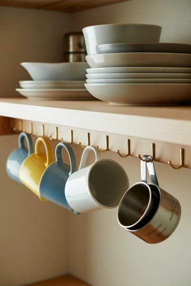 23 Cheap Kitchen Organizing Hacks That Make Small Kitchens Work Better 17 Using Under-Shelf Hooks for Mug and Tool Storage