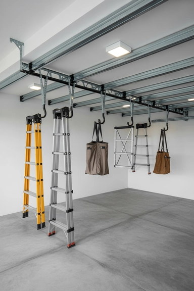 22 Genius Garage Ceiling Storage Ideas to Maximize Overhead Space 18 Ceiling Rail Sliding Hooks