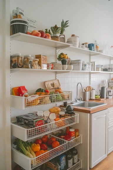 23 Rental Kitchen Organization Ideas For Real Homes 17 Employ Stackable Wire Baskets for Open Shelf Organization