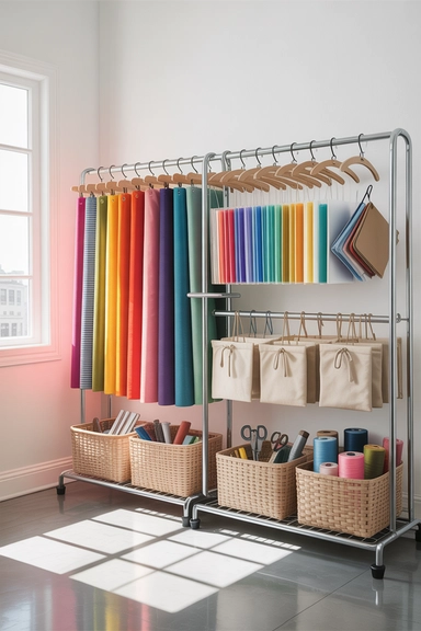 21 IKEA Craft Room Hacks That Keep Supplies Perfectly Organized 18 RIGGA Clothing Racks Rebuilt as Hanging Supply Stations