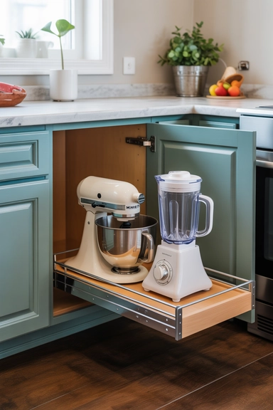 25 Kitchen Cabinet Storage Ideas That Maximize Every Shelf 18 Slide-Out Appliance Shelves for Heavy Equipment