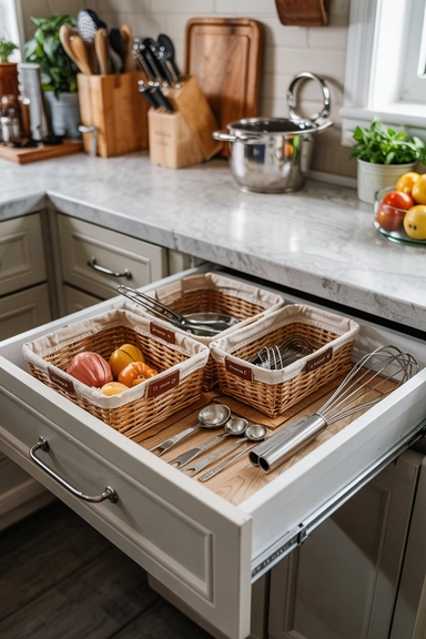 22 Smart Ways to Organize With Cheap Baskets That Instantly Reduce Clutter 19 KITCHEN DRAWER BASKETS FOR SMALL TOOLS