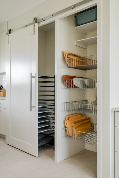 20 Walk-In Pantry Organization Ideas For Real Homes 19 Use Sliding Wire Racks for Sheet Pans and Cutting Boards