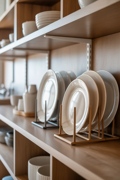 21 Smart Space Saving Kitchen Hacks That Reduce Daily Clutter 19 Vertical Plate Stands for Open Shelf Storage